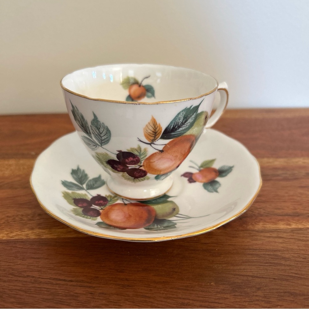 Elegant Queen Anne Fruit Design China Teacup and Saucer Set Made in England